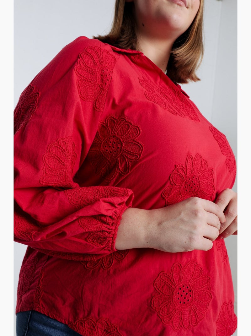 Blouse en coton unie avec fleurs brodées PAPRIKA Bleu Ecru - Kiabi