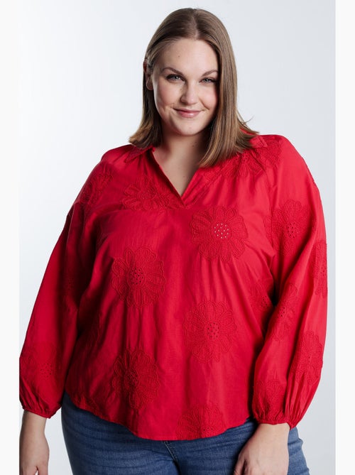 Blouse en coton unie avec fleurs brodées PAPRIKA - Kiabi