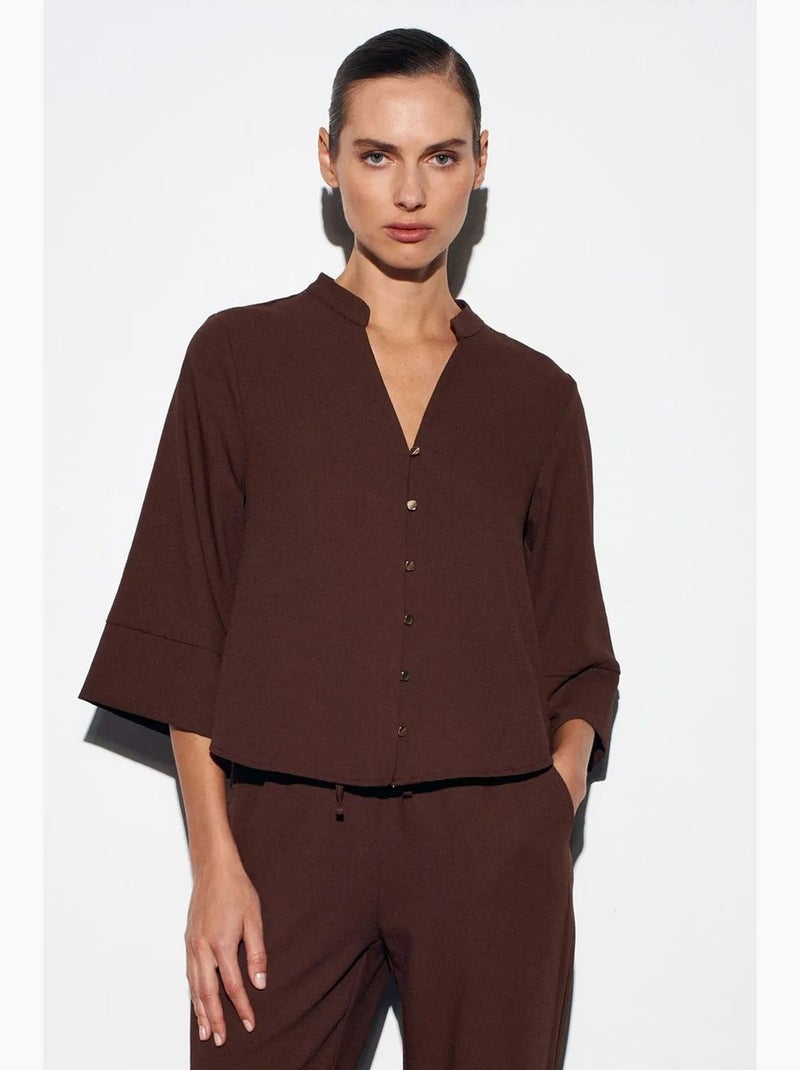 Blouse en crêpe col mao dilvin Marron chocolat - Kiabi
