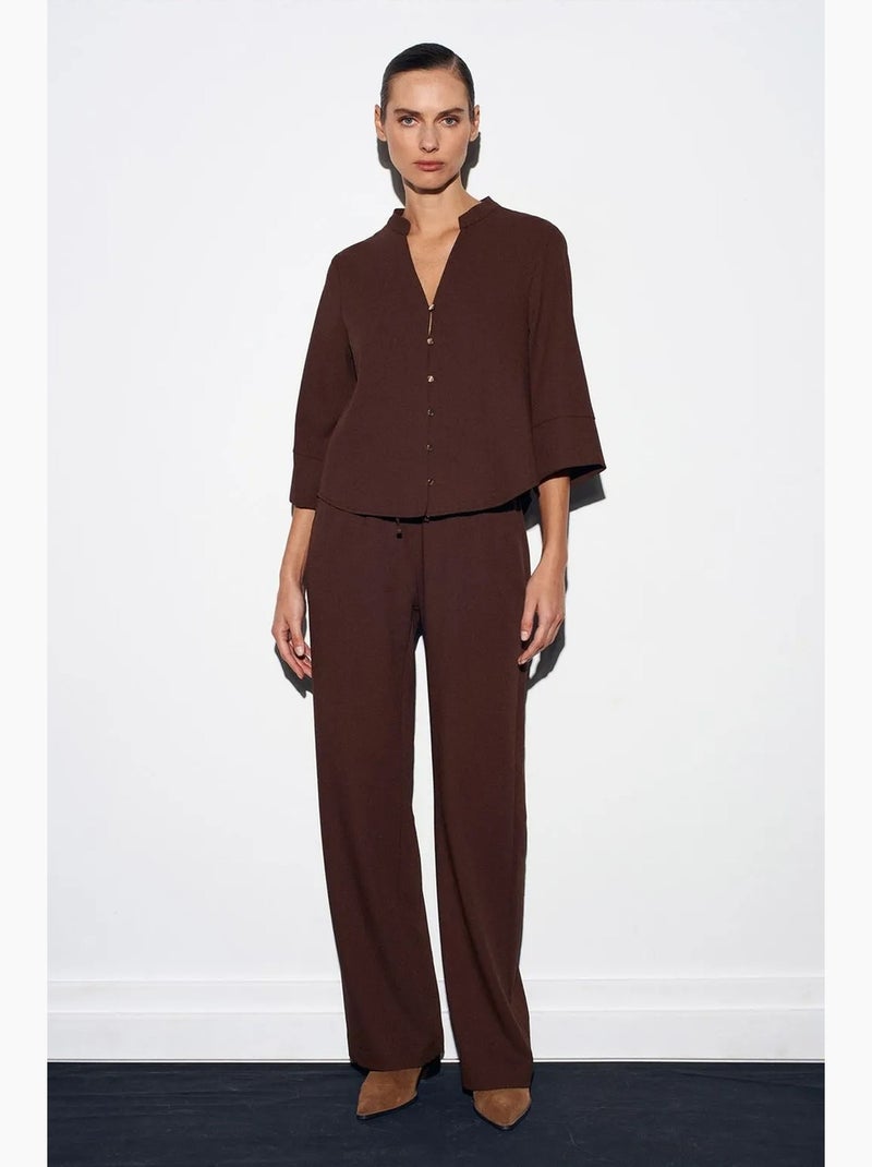 Blouse en crêpe col mao dilvin Marron chocolat - Kiabi
