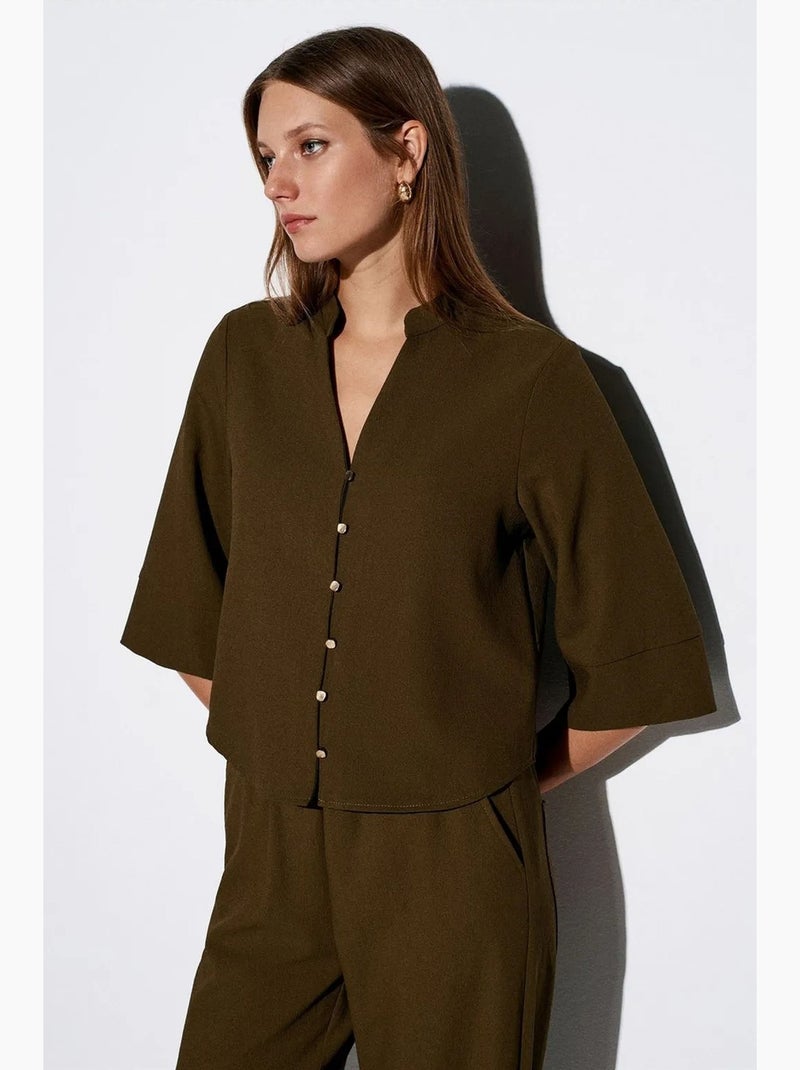 Blouse en crêpe col mao dilvin Vert kaki - Kiabi