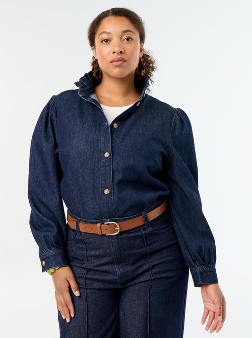 Blouse en denim avec col montant volanté - Kiabi Blouse en denim avec col montant volanté - Kiabi