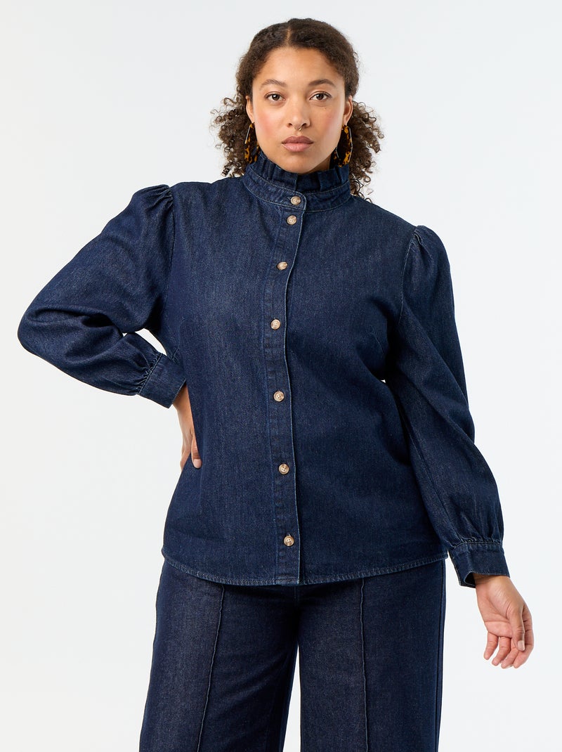 Blouse en denim avec col montant volanté Bleu - Kiabi