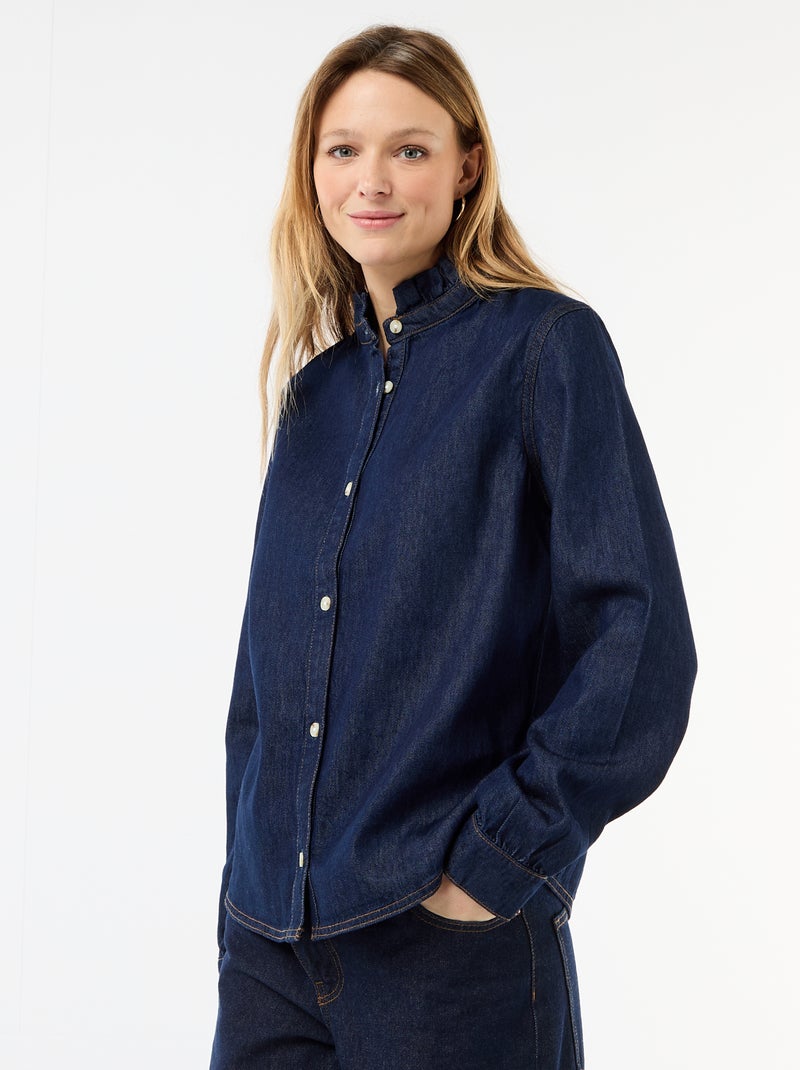 Blouse en denim avec col volanté Bleu - Kiabi