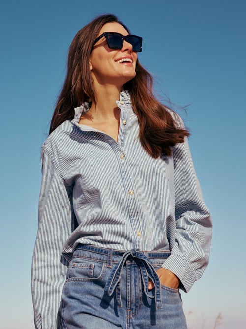 Blouse en denim avec col volanté - Kiabi