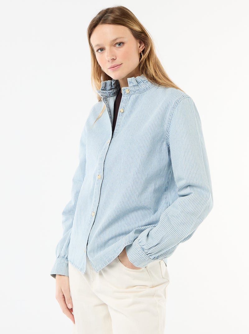 Blouse en denim avec col volanté Bleu - Kiabi