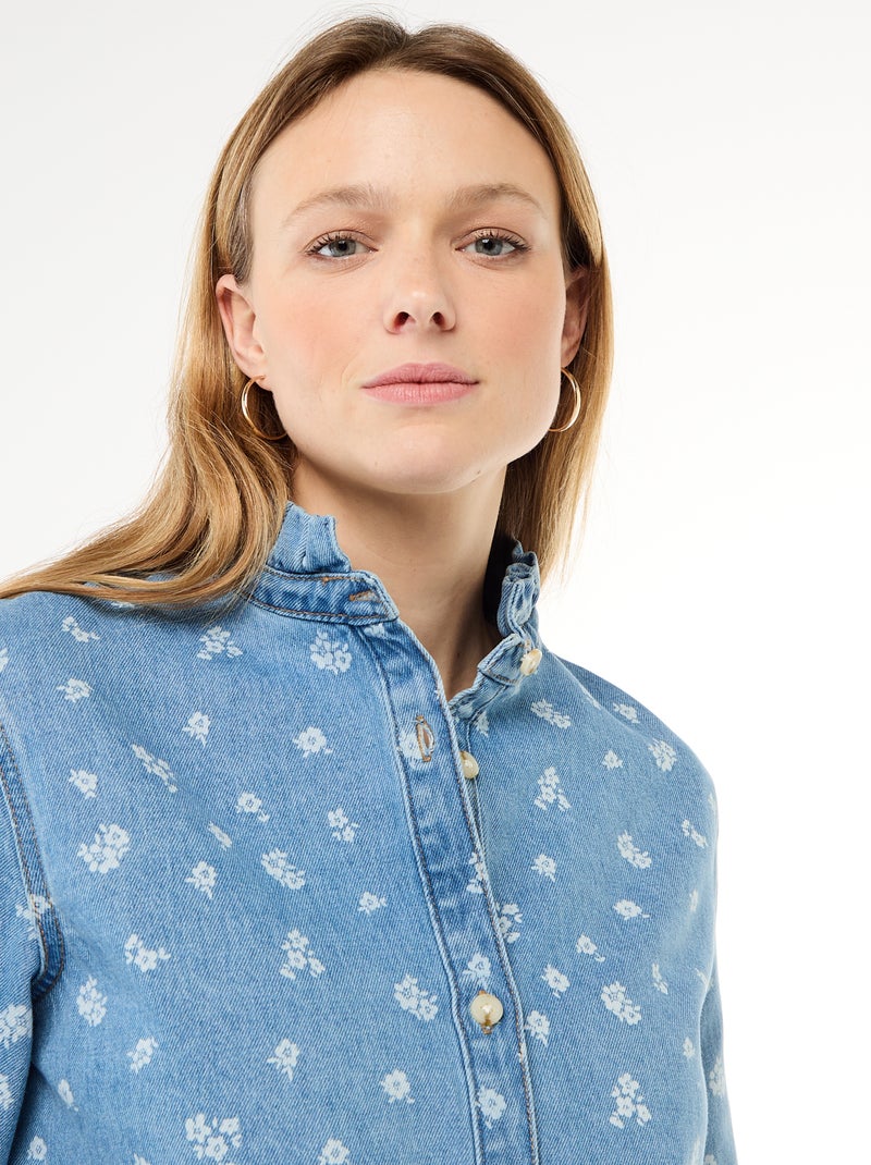 Blouse en denim avec col volanté Bleu - Kiabi