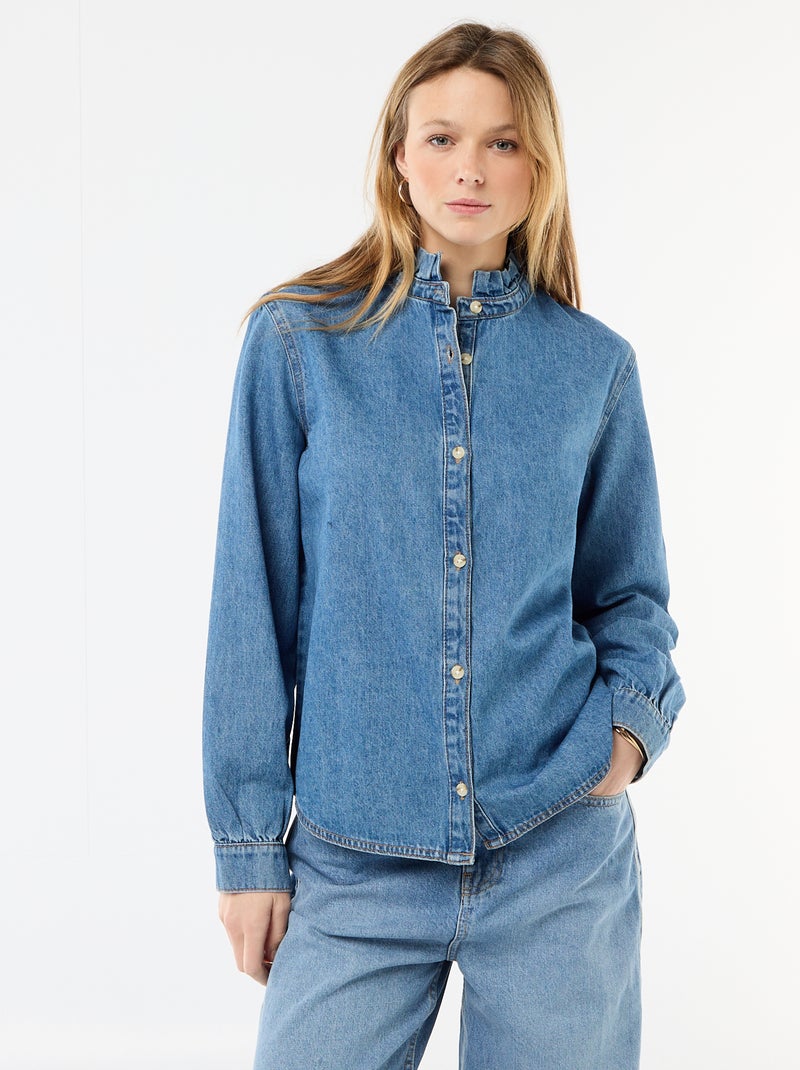 Blouse en denim avec col volanté Bleu - Kiabi