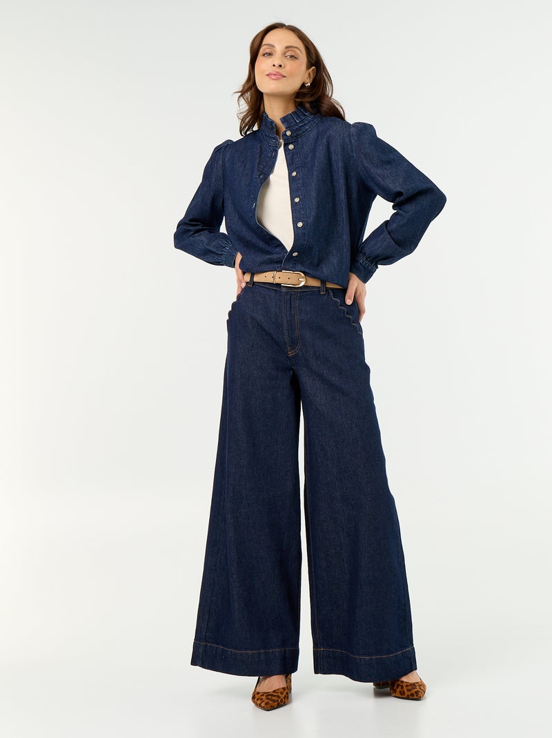 Blouse en denim avec col volanté Bleu - Kiabi