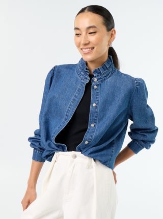 Blouse en denim avec col volanté