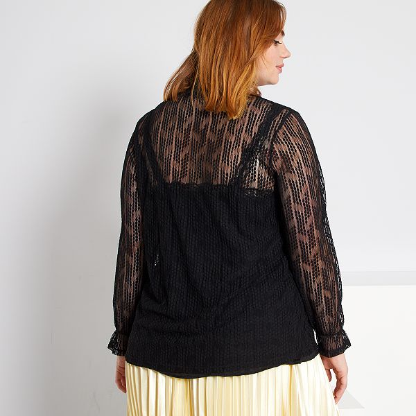 Blouse en dentelle col cheminée Grande taille femme - noir ...