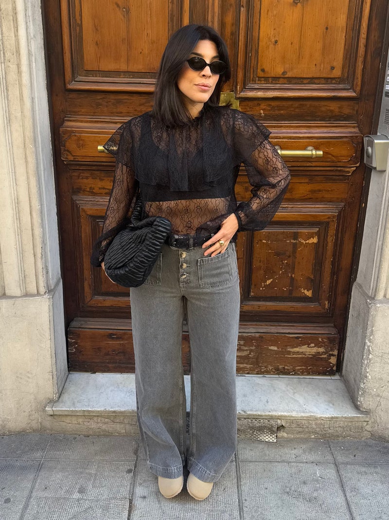 Blouse en dentelle volantée Noir - Kiabi