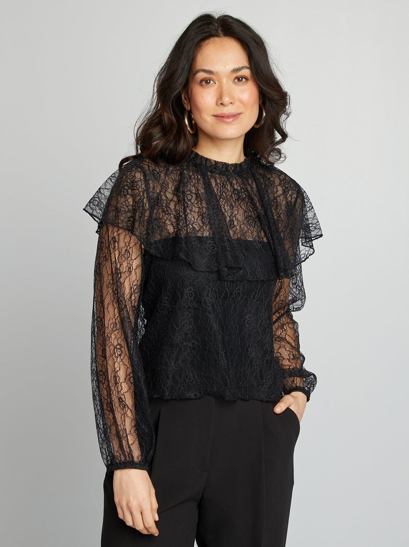 Blouse en dentelle volantée Noir - Kiabi