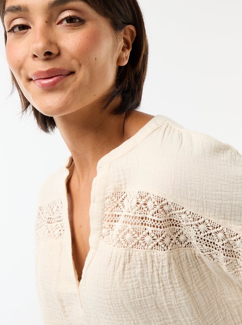 Blouse en double gaze de coton avec broderies - Kiabi