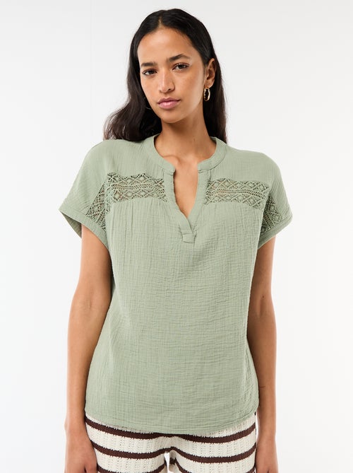 Blouse en double gaze de coton avec broderies - Kiabi