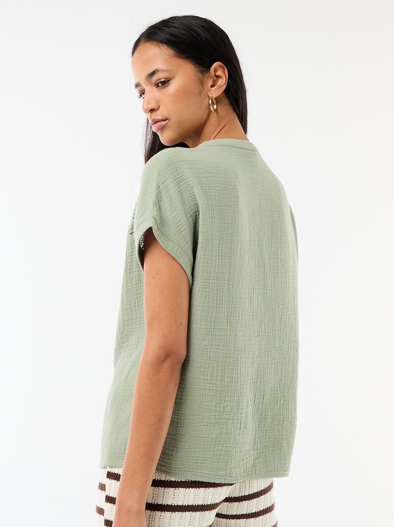 Blouse en double gaze de coton avec broderies Bleu - Kiabi