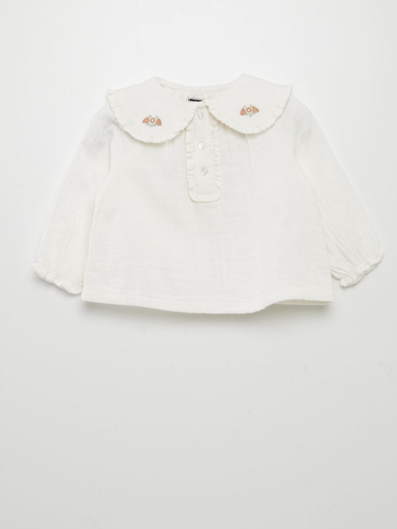 Blouse en double gaze de coton avec col claudine Blanc - Kiabi