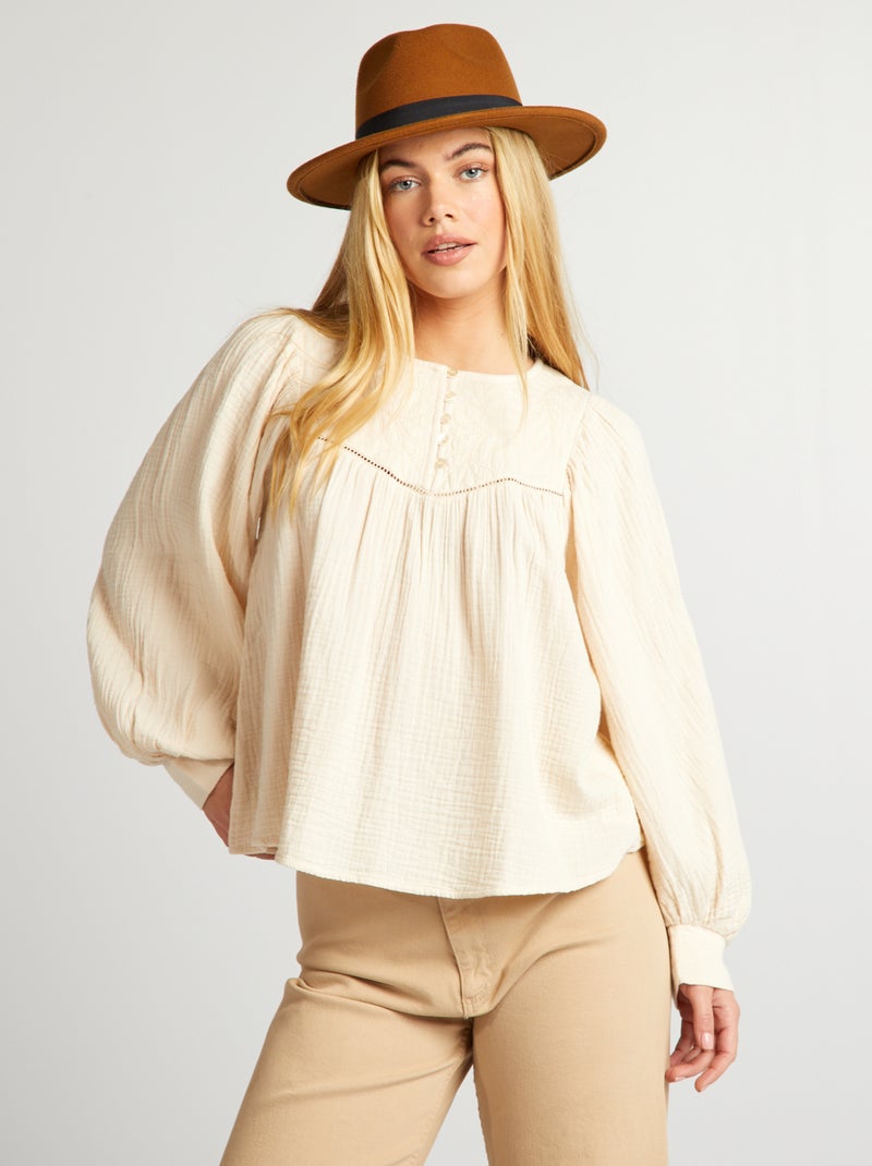 Blouse en gaze de coton avec broderie Beige - Kiabi