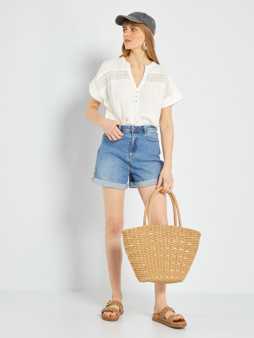 Blouse en gaze de coton avec broderie blanc - Kiabi