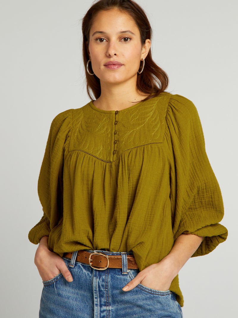 Blouse en gaze de coton avec broderie Vert - Kiabi