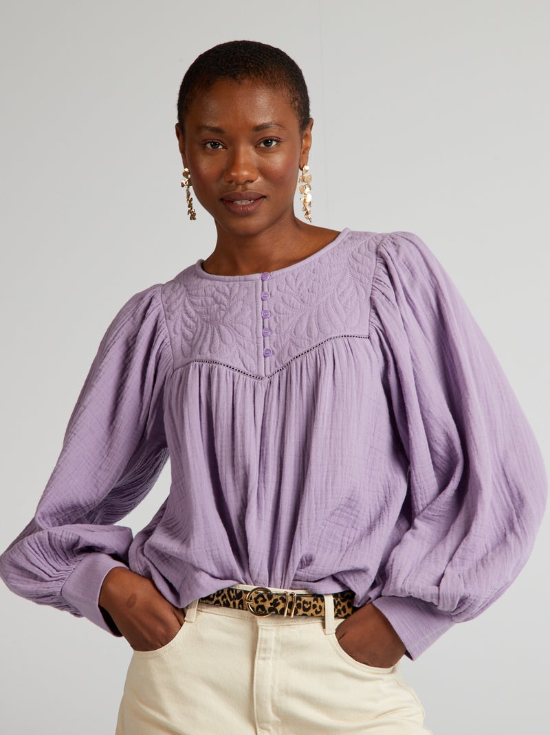 Blouse en gaze de coton avec broderie Violet - Kiabi