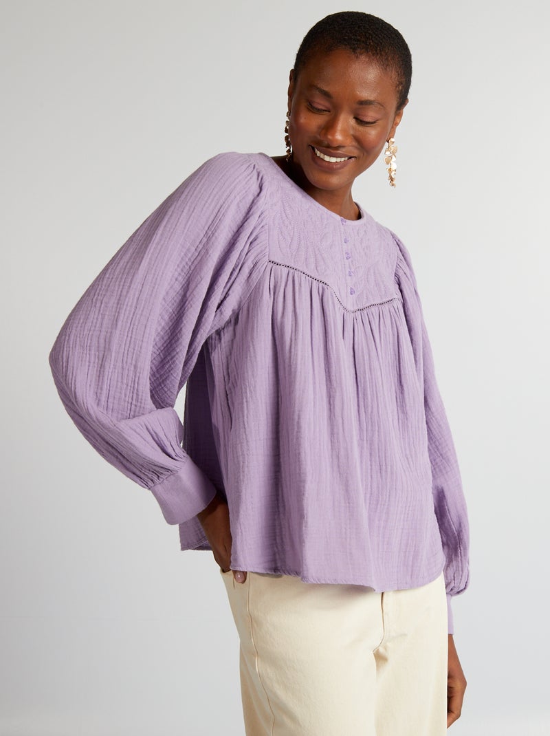 Blouse en gaze de coton avec broderie Violet - Kiabi