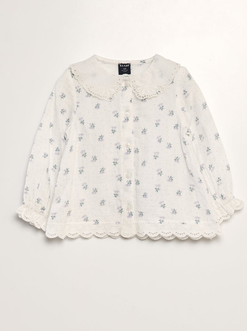 Blouse en gaze de coton avec broderies anglaises Blanc - Kiabi