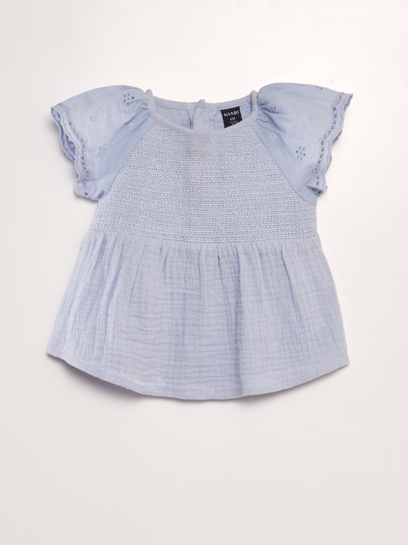 Blouse en gaze de coton avec broderies anglaises Bleu - Kiabi