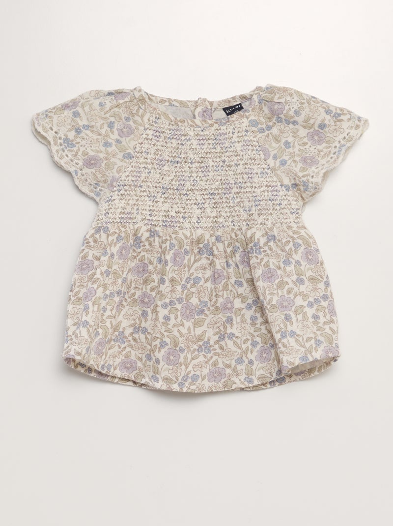 Blouse en gaze de coton avec broderies anglaises Ecru - Kiabi