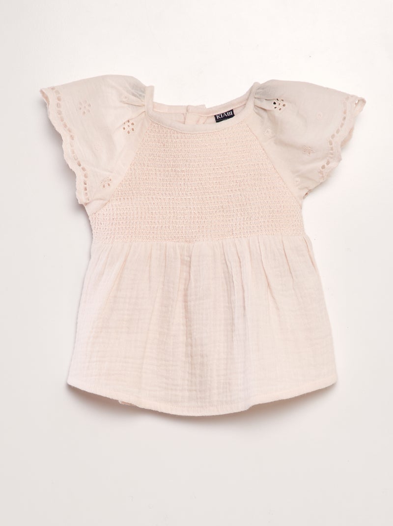 Blouse en gaze de coton avec broderies anglaises Rose - Kiabi