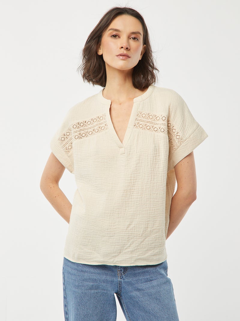 Blouse en gaze de coton avec broderies BLANC - Kiabi