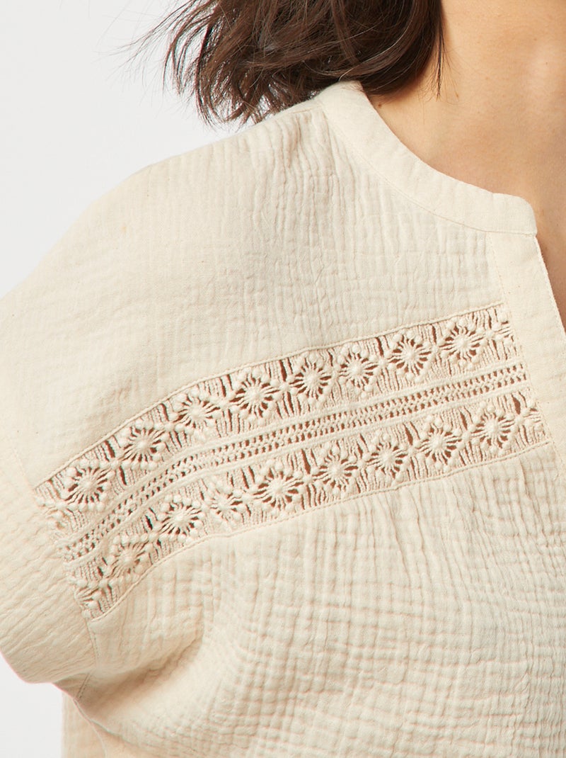Blouse en gaze de coton avec broderies BLANC - Kiabi