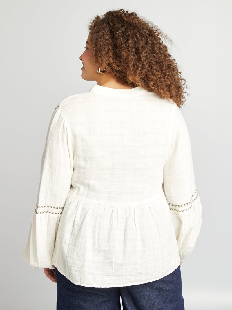 Blouse en gaze de coton avec broderies Blanc - Kiabi