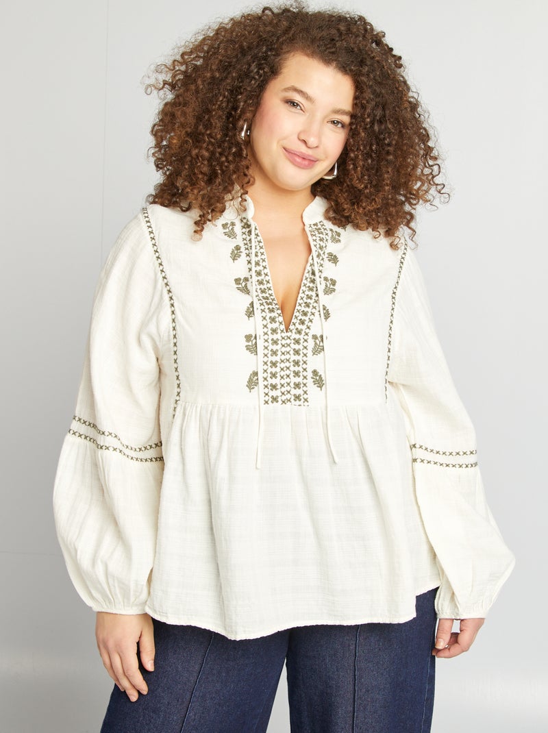Blouse en gaze de coton avec broderies Blanc - Kiabi