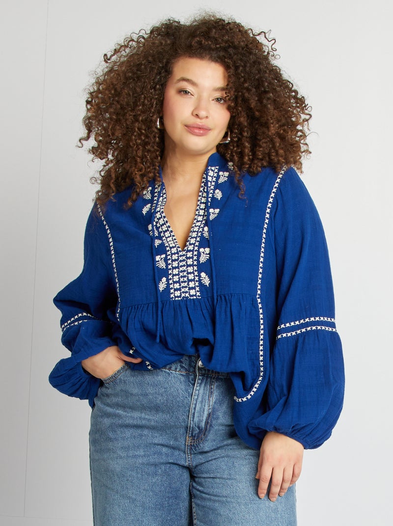 Blouse en gaze de coton avec broderies Bleu - Kiabi