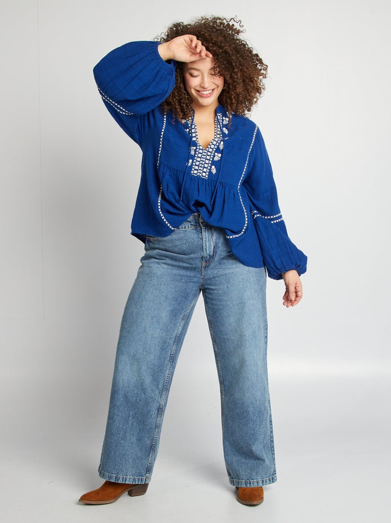 Blouse en gaze de coton avec broderies Bleu - Kiabi