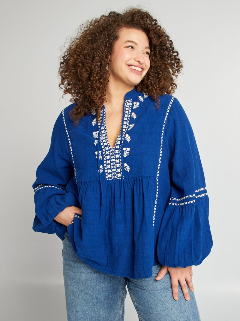 Blouse en gaze de coton avec broderies Bleu - Kiabi