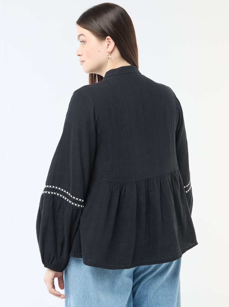 Blouse en gaze de coton avec broderies fantaisies et cordons au col Noir - Kiabi