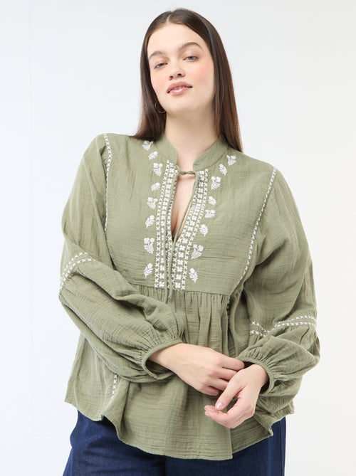 Blouse en gaze de coton avec broderies fantaisies et cordons au col - Kiabi