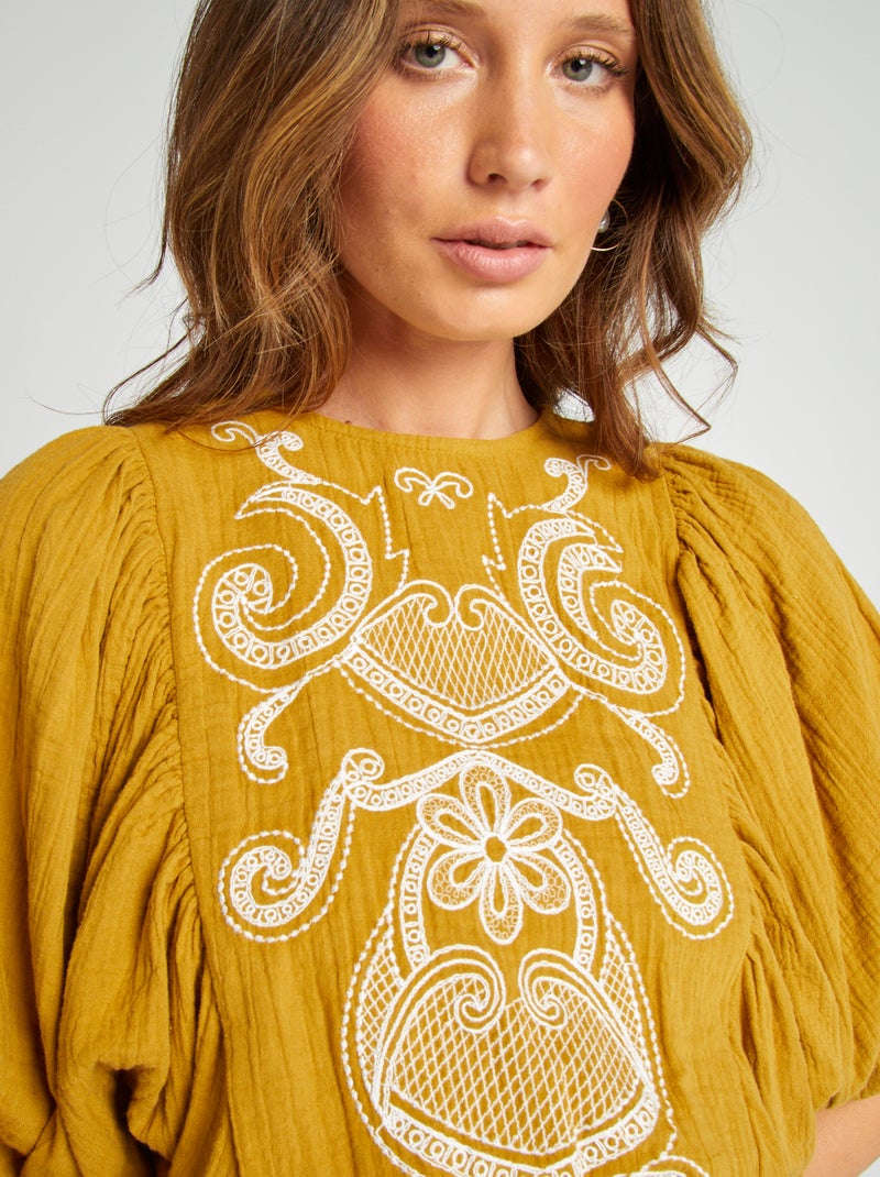 Blouse en gaze de coton avec broderies Vert - Kiabi