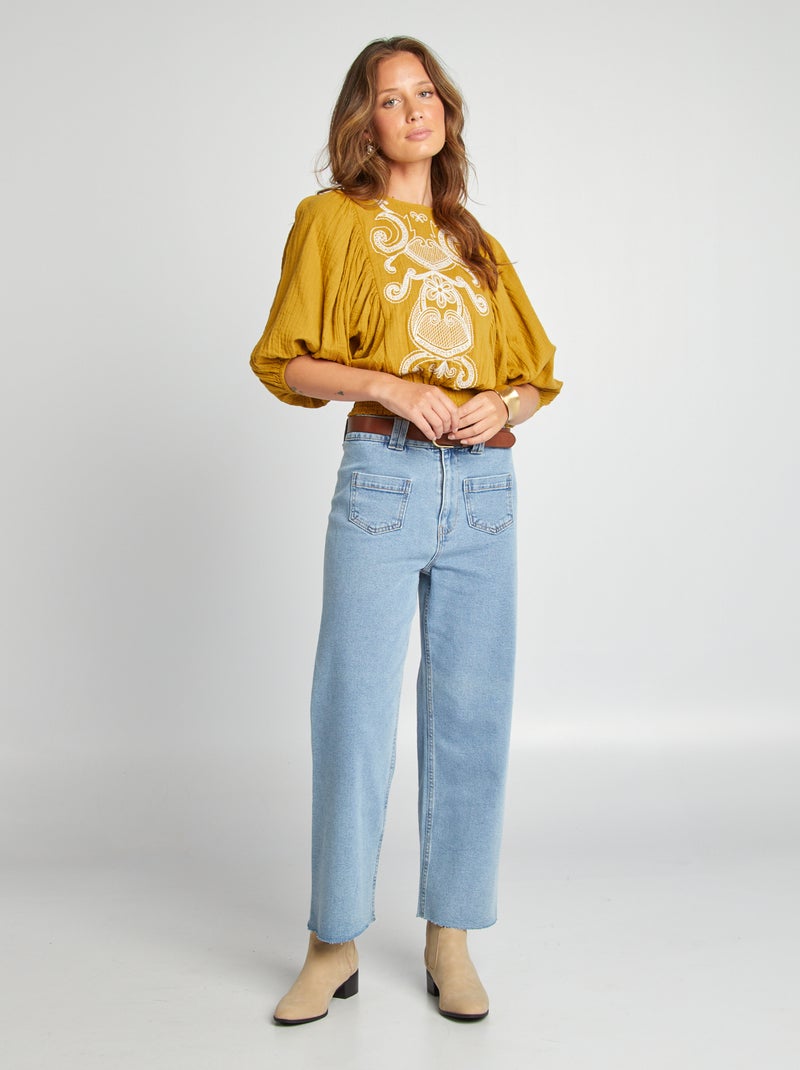 Blouse en gaze de coton avec broderies Vert - Kiabi