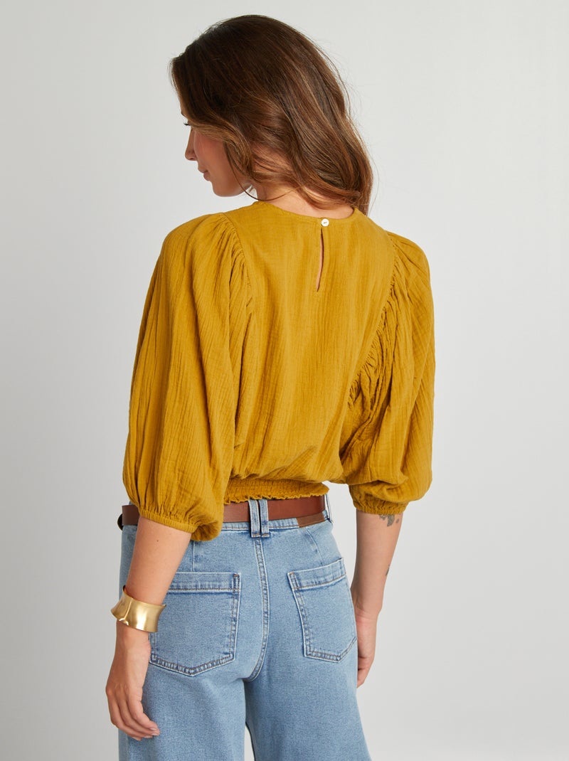 Blouse en gaze de coton avec broderies Vert - Kiabi