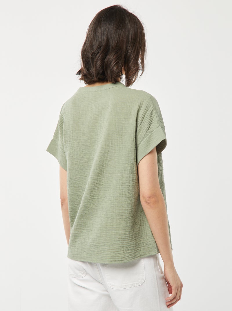 Blouse en gaze de coton avec broderies Vert - Kiabi
