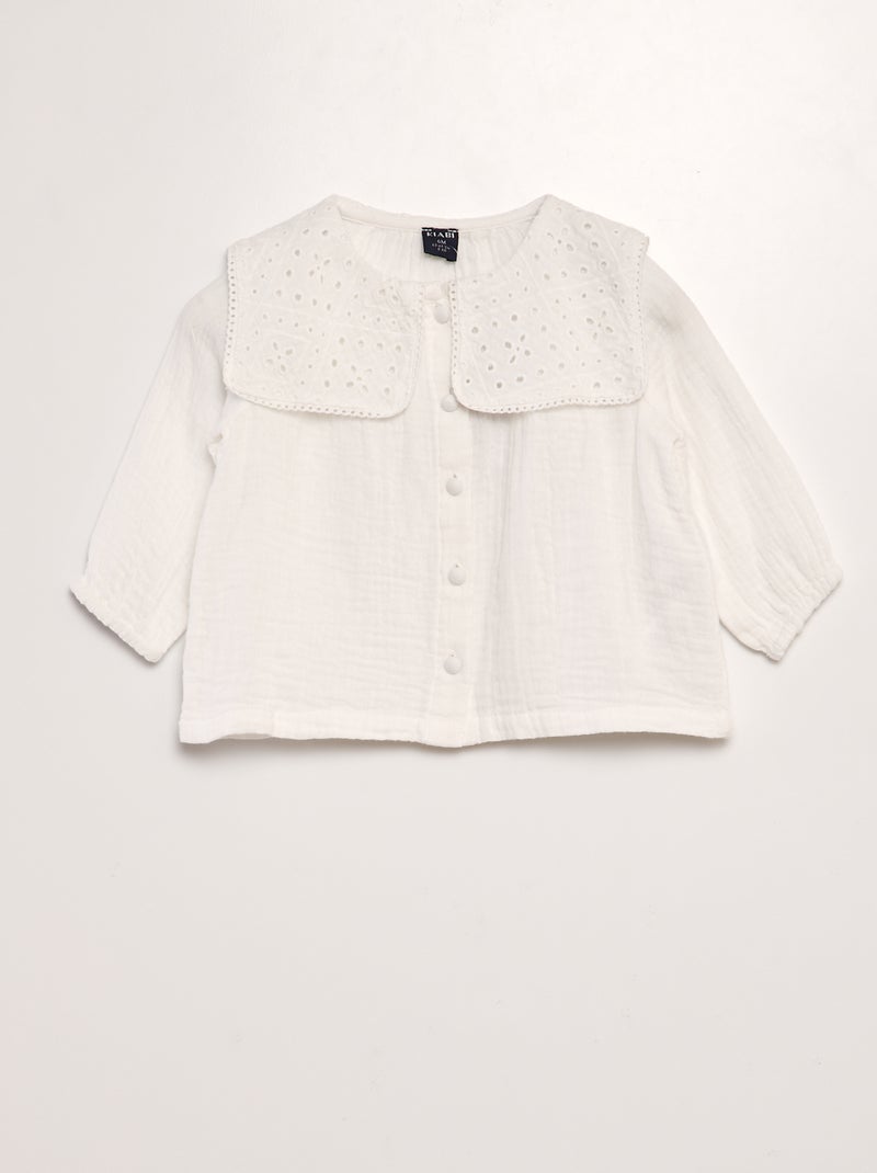 Blouse en gaze de coton avec col brodé blanc - Kiabi