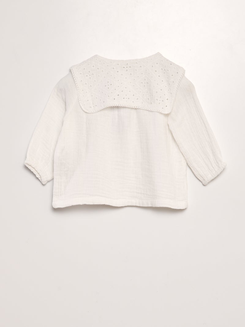 Blouse en gaze de coton avec col brodé blanc - Kiabi