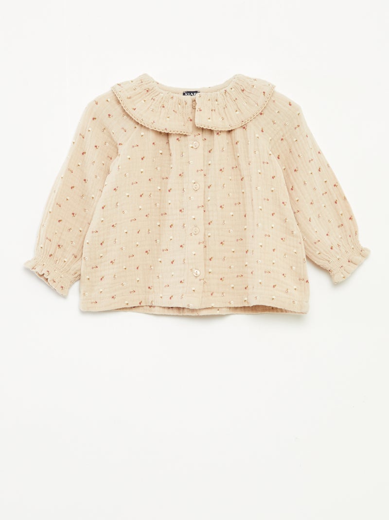 Blouse en gaze de coton avec col claudine Beige - Kiabi