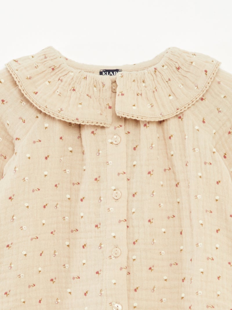 Blouse en gaze de coton avec col claudine Beige - Kiabi