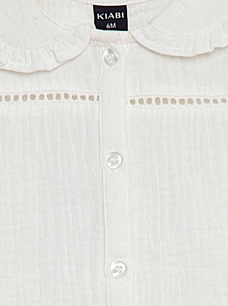 Blouse en gaze de coton avec col claudine blanc - Kiabi