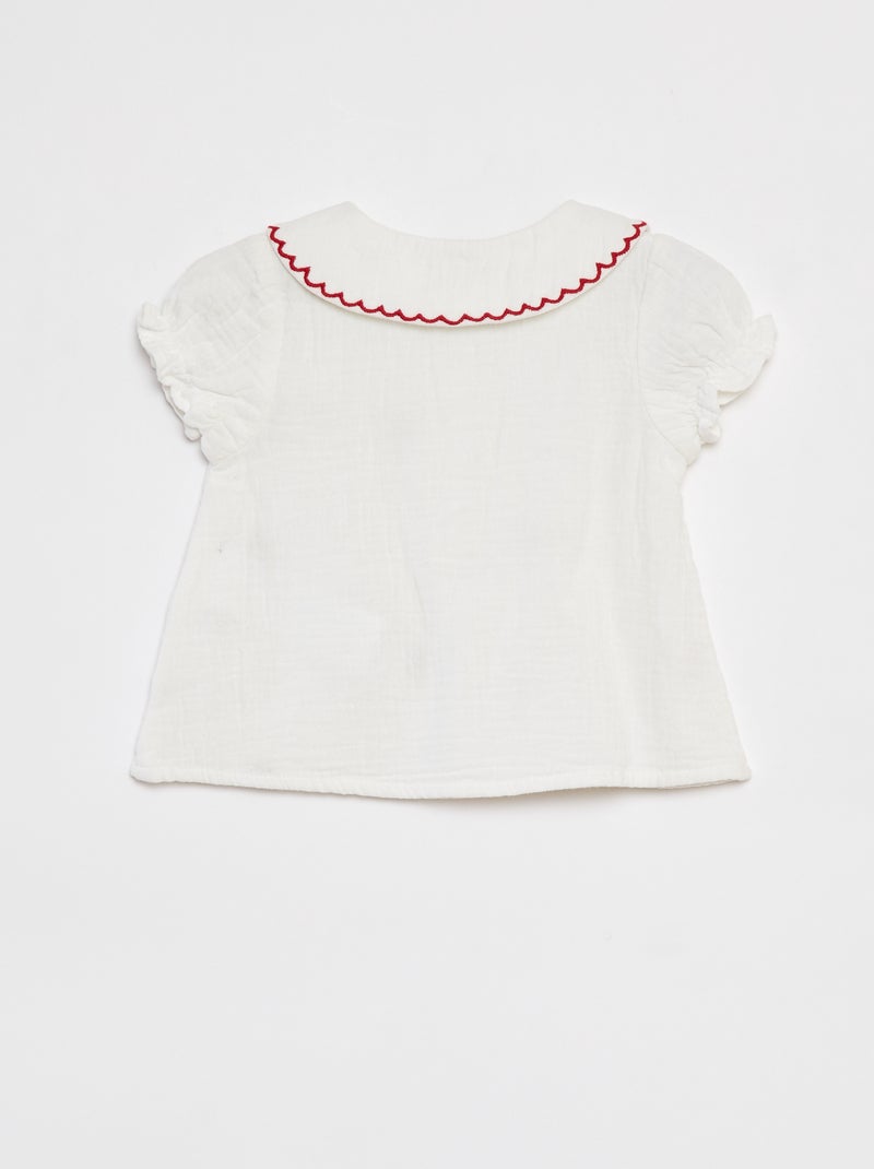 Blouse en gaze de coton avec col fantaisie Blanc - Kiabi
