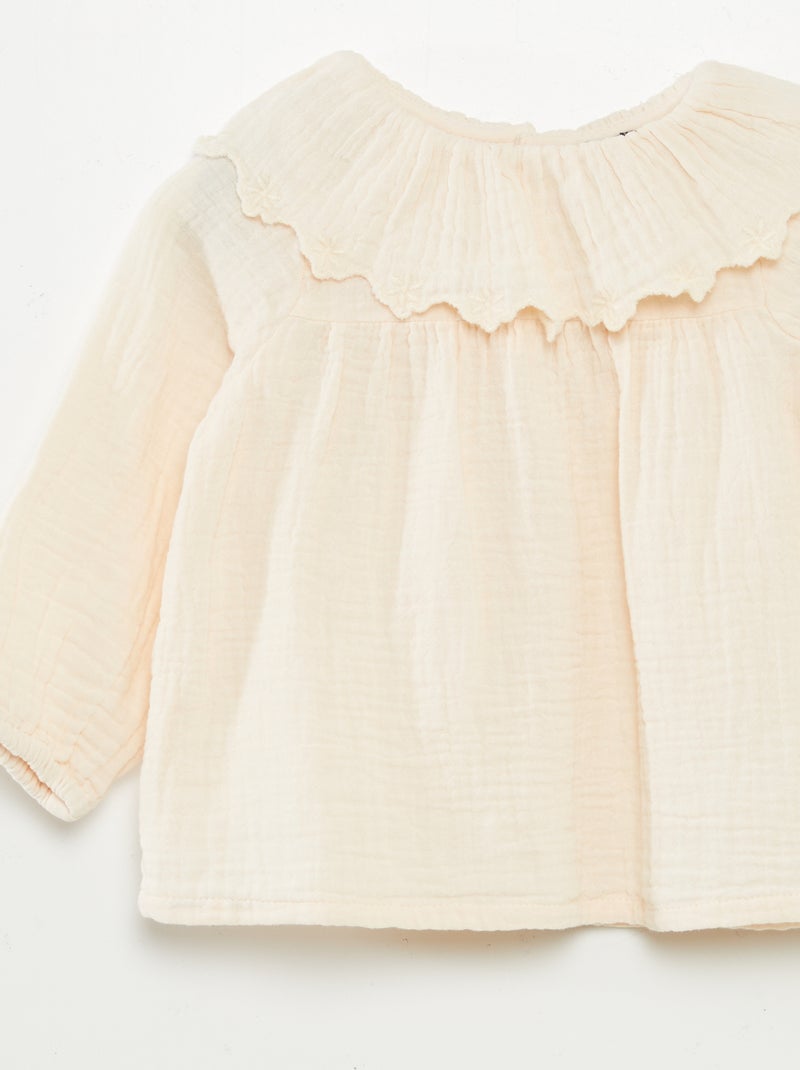 Blouse en gaze de coton avec col fantaisiste BEIGE - Kiabi